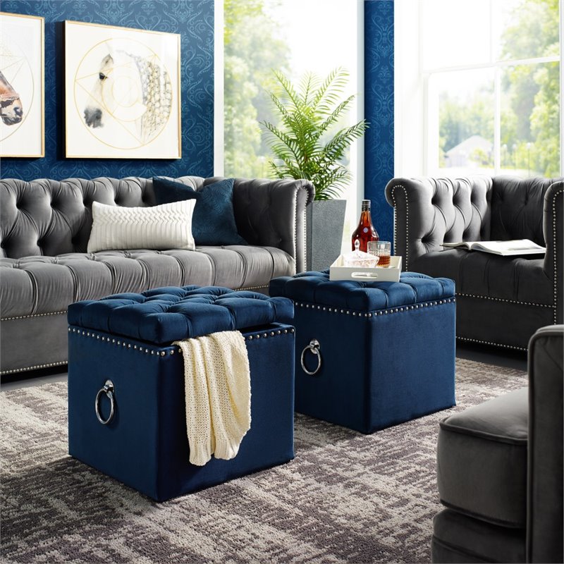 Maklaine Velvet 1Pc Storage Ottoman in Navy Blue/Chrome Finish