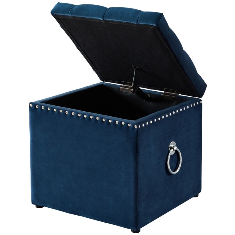 Maklaine Velvet 1Pc Storage Ottoman in Navy Blue/Chrome Finish