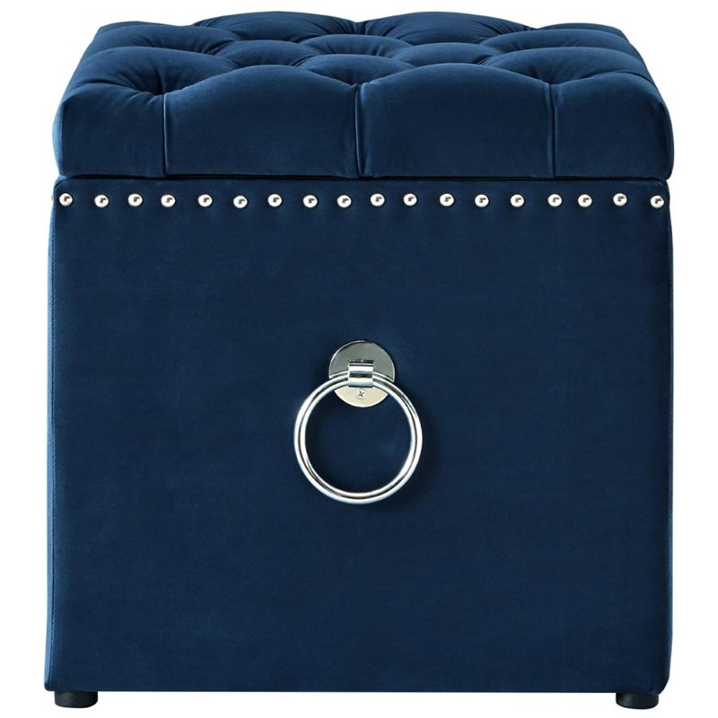 Maklaine Velvet 1Pc Storage Ottoman in Navy Blue/Chrome Finish
