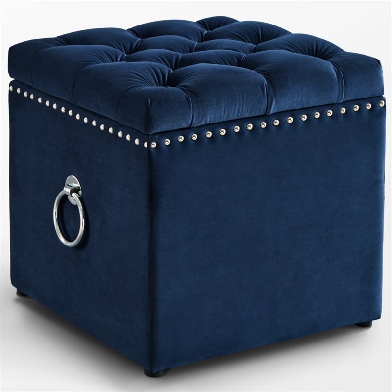 Maklaine Velvet 1Pc Storage Ottoman in Navy Blue/Chrome Finish