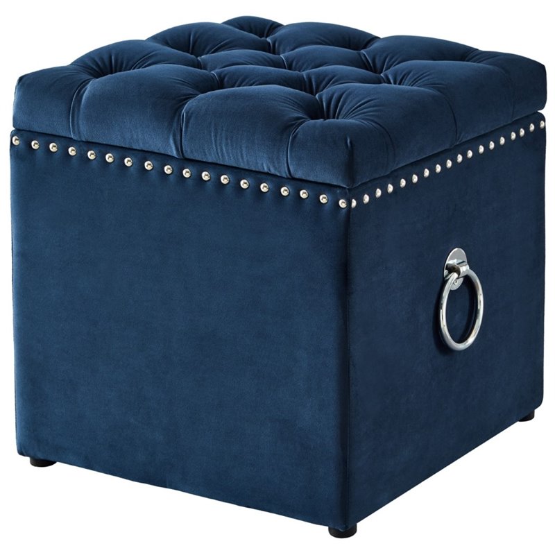 Maklaine Velvet 1Pc Storage Ottoman in Navy Blue/Chrome Finish