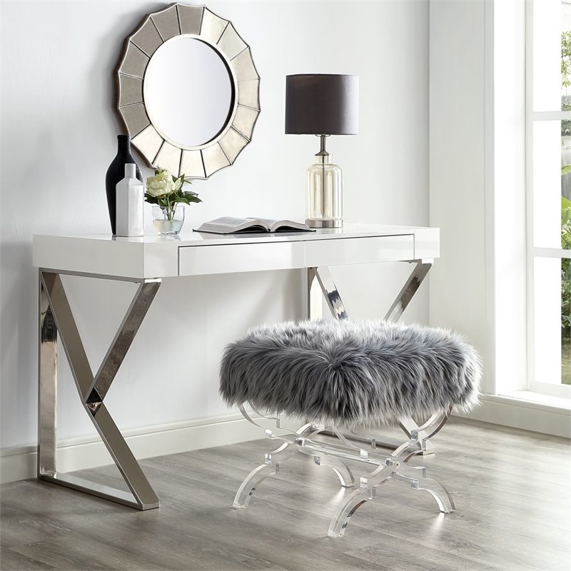 Maklaine Modern Faux Fur Fabric Ottoman with Acrylic X-Legs in Gray