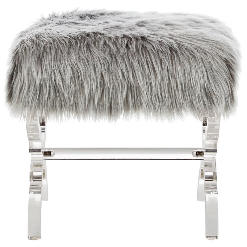 Maklaine Modern Faux Fur Fabric Ottoman with Acrylic X-Legs in Gray