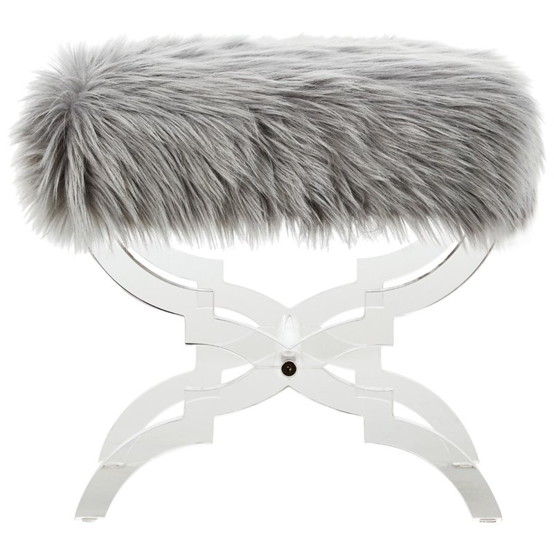 Maklaine Modern Faux Fur Fabric Ottoman with Acrylic X-Legs in Gray