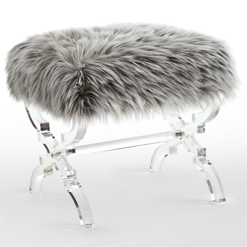 Maklaine Modern Faux Fur Fabric Ottoman with Acrylic X-Legs in Gray