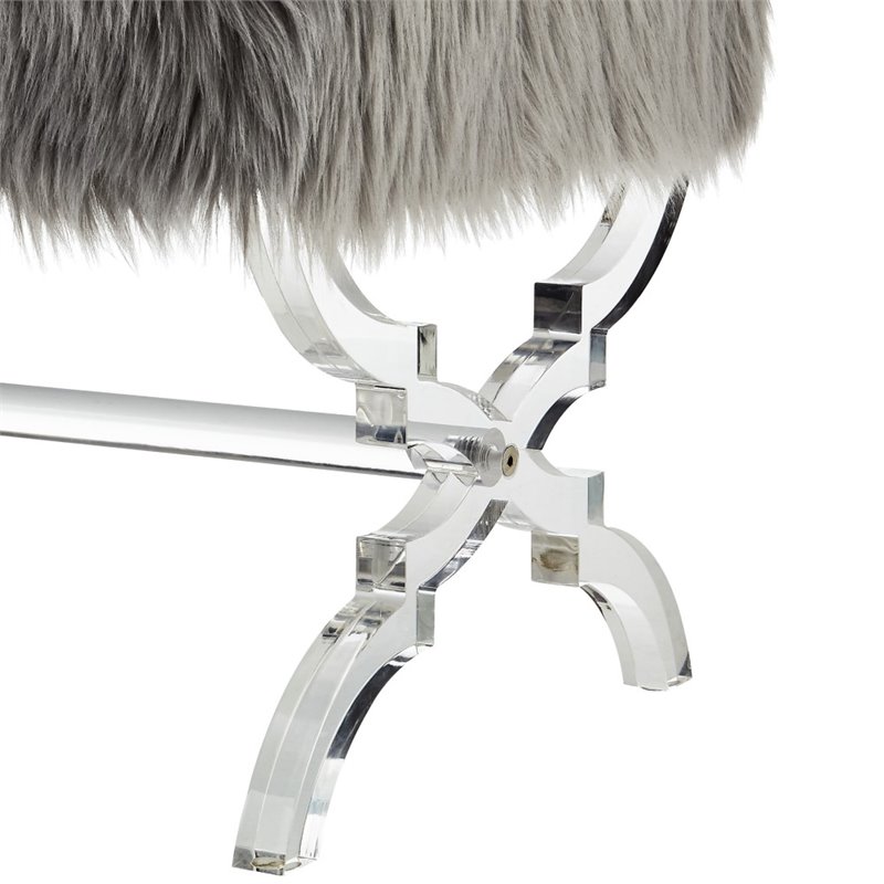 Maklaine Modern Faux Fur Fabric Ottoman with Acrylic X-Legs in Gray