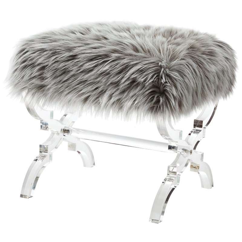 Maklaine Modern Faux Fur Fabric Ottoman with Acrylic X-Legs in Gray