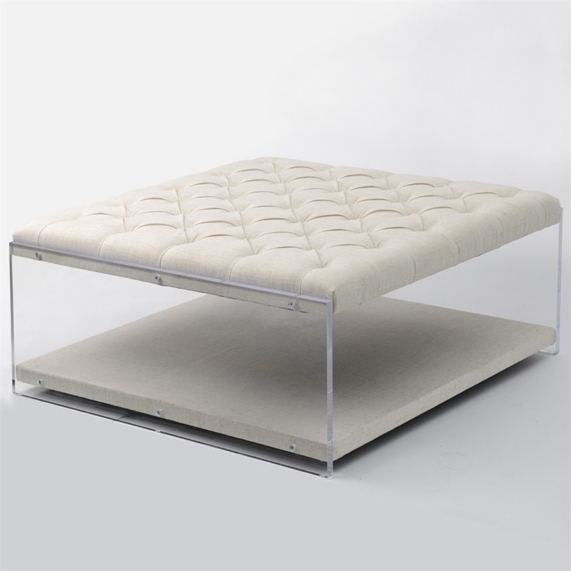 Maklaine Linen Fabric Cocktail Ottoman with Nailhead in Cream/White