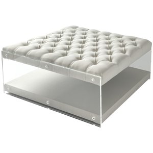 Maklaine Linen Fabric Cocktail Ottoman with Nailhead in Cream/White