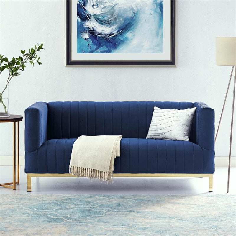 Maklaine Velvet Tuxedo Loveseat with Y-Metal Base in Navy Blue/Gold