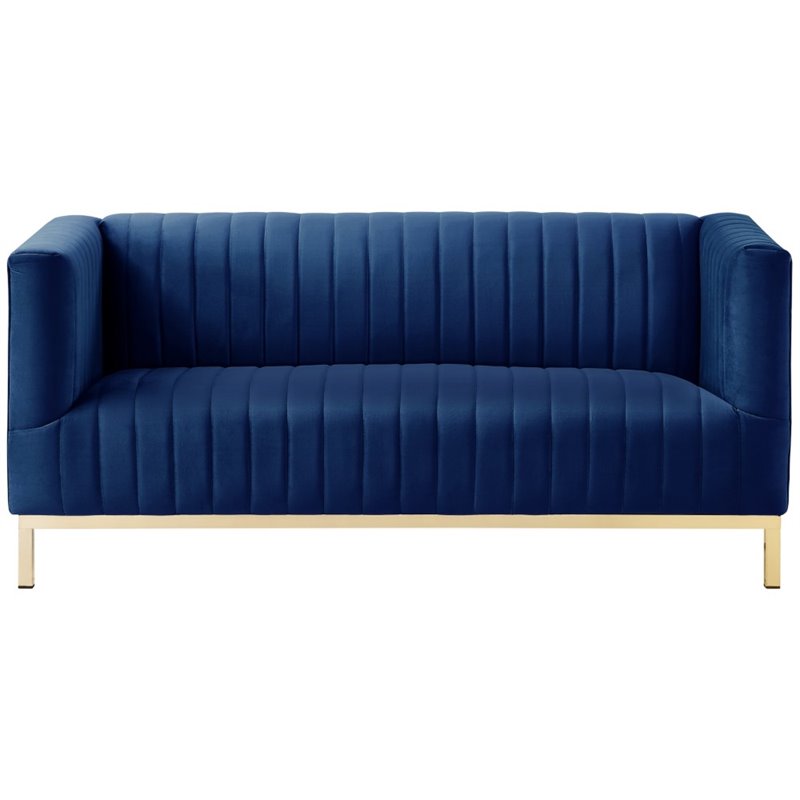 Maklaine Velvet Tuxedo Loveseat with Y-Metal Base in Navy Blue/Gold