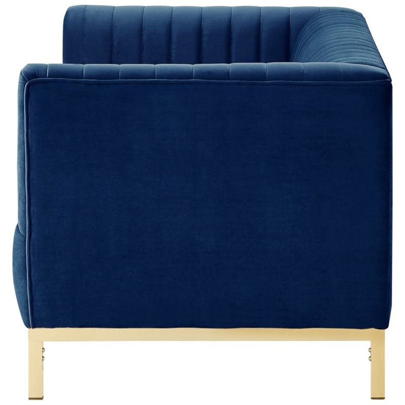 Maklaine Velvet Tuxedo Loveseat with Y-Metal Base in Navy Blue/Gold