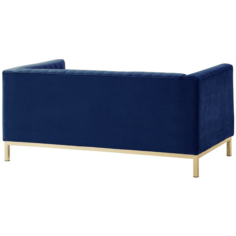 Maklaine Velvet Tuxedo Loveseat with Y-Metal Base in Navy Blue/Gold