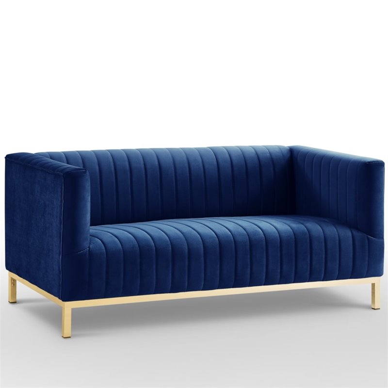 Maklaine Velvet Tuxedo Loveseat with Y-Metal Base in Navy Blue/Gold
