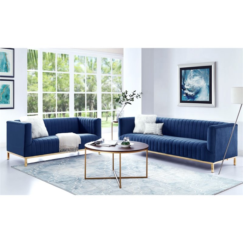 Maklaine Velvet Tuxedo Loveseat with Y-Metal Base in Navy Blue/Gold