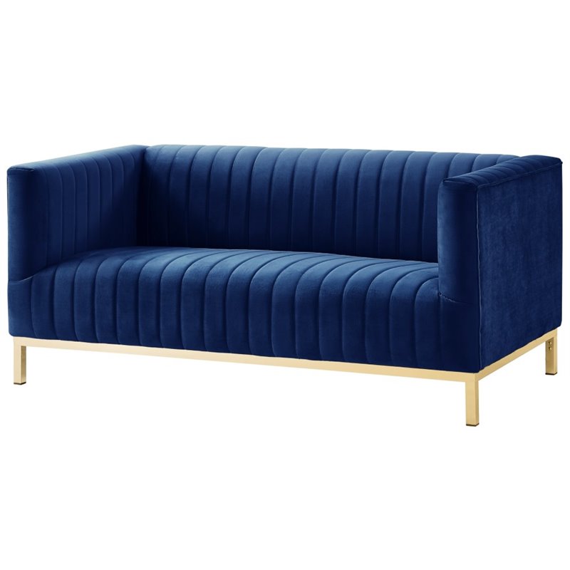 Maklaine Velvet Tuxedo Loveseat with Y-Metal Base in Navy Blue/Gold