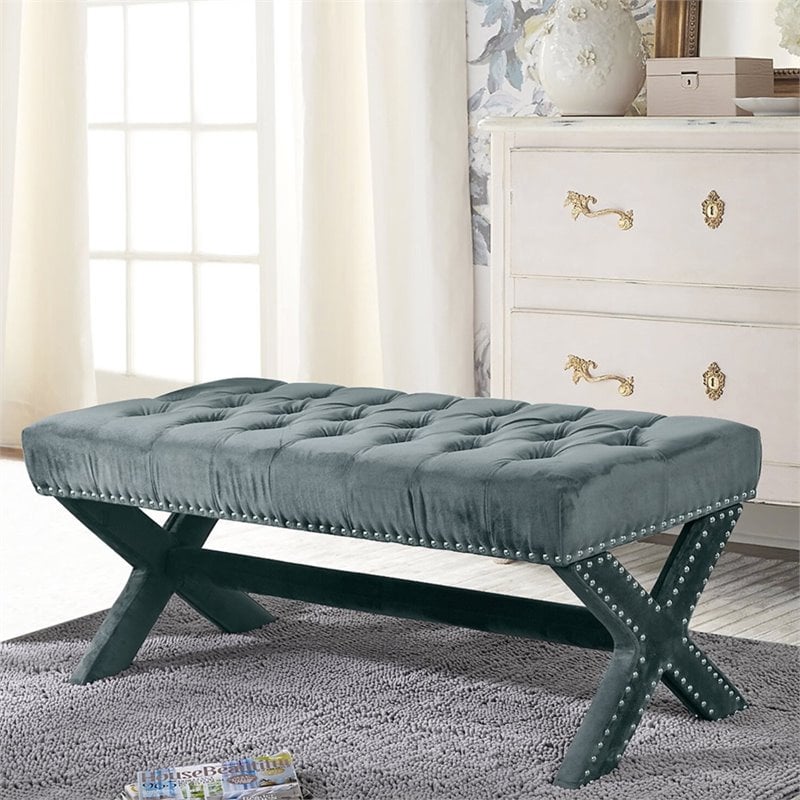 Maklaine Tufted Linen Fabric Bench with Nailhead Trim in Slate Blue