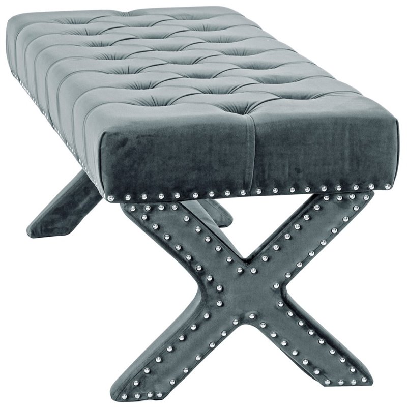 Maklaine Tufted Linen Fabric Bench with Nailhead Trim in Slate Blue