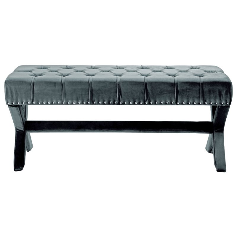 Maklaine Tufted Linen Fabric Bench with Nailhead Trim in Slate Blue