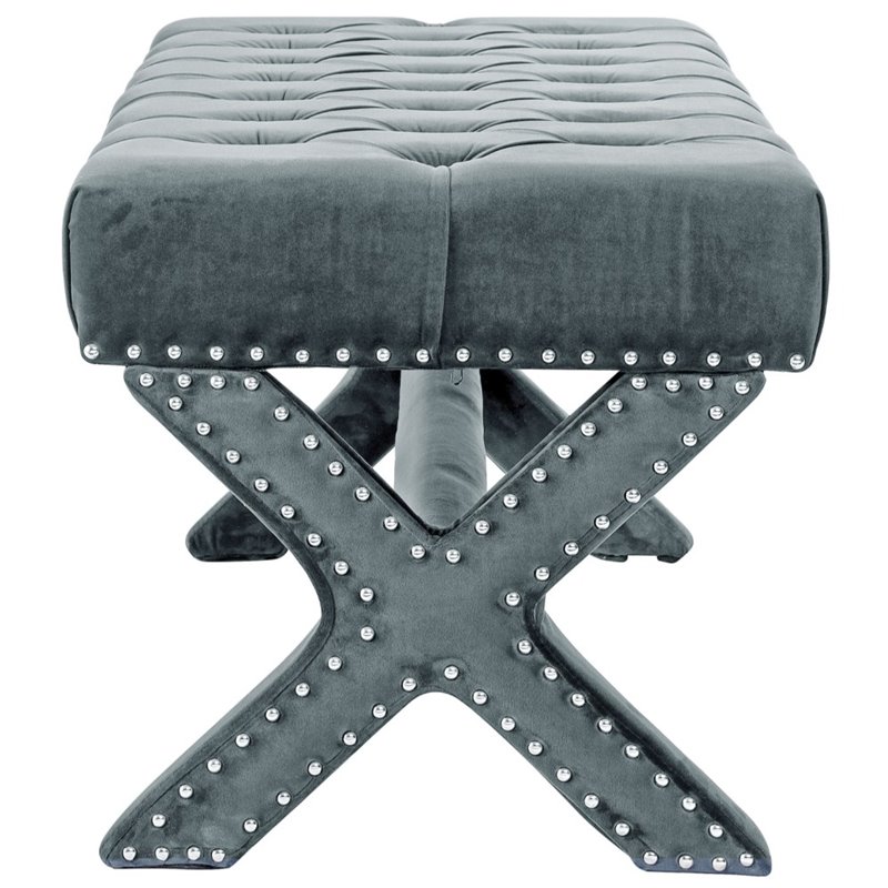 Maklaine Tufted Linen Fabric Bench with Nailhead Trim in Slate Blue