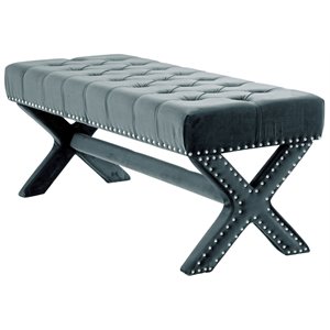 Maklaine Tufted Linen Fabric Bench with Nailhead Trim in Slate Blue