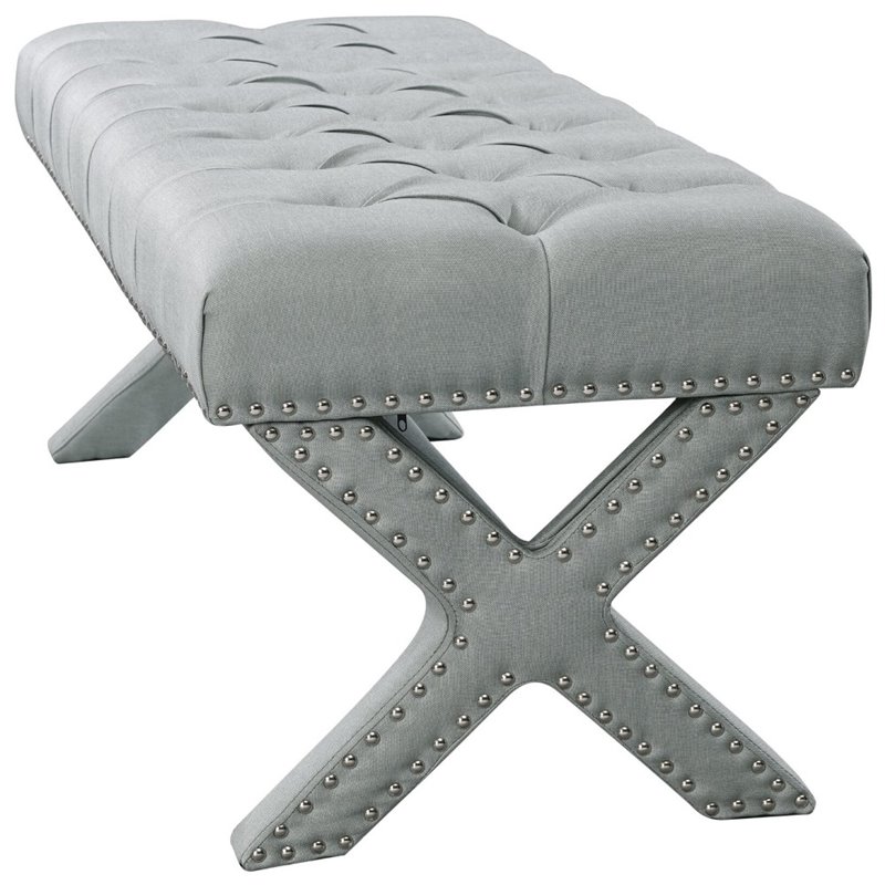 Maklaine Tufted Linen Fabric Bench with Nailhead Trim in Light Gray