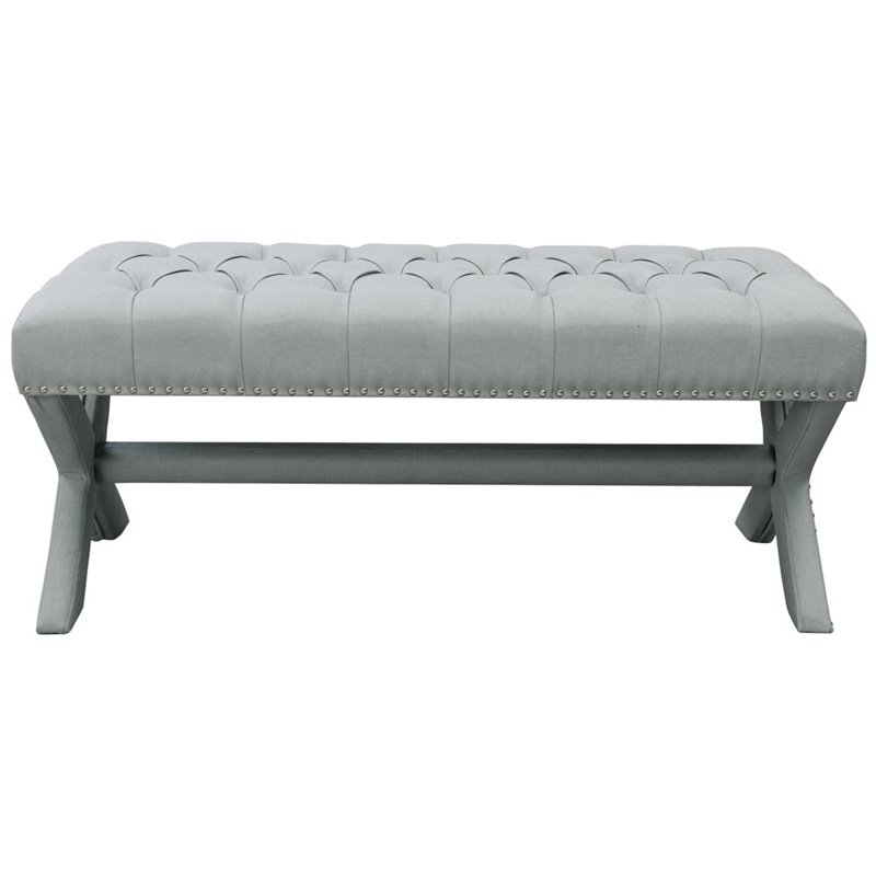 Maklaine Tufted Linen Fabric Bench with Nailhead Trim in Light Gray