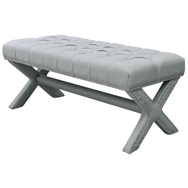 Maklaine Tufted Linen Fabric Bench with Nailhead Trim in Light Gray
