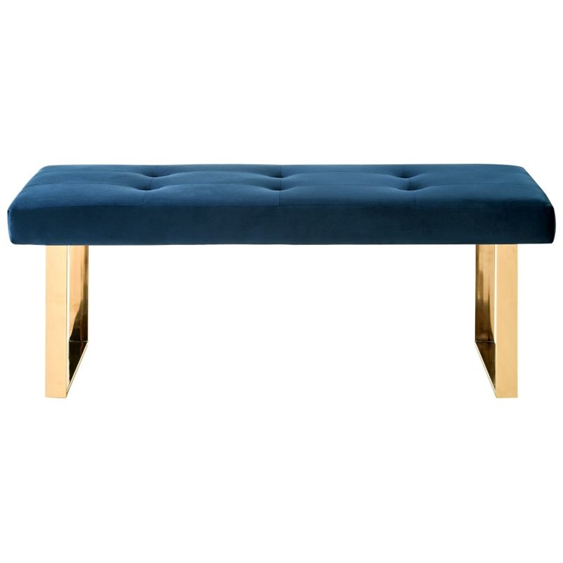 Maklaine Tufted Velvet Bench with Stainless Steel Legs in Blue/Gold