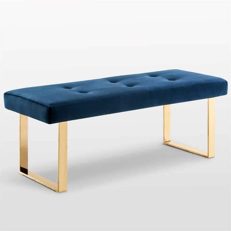 Maklaine Tufted Velvet Bench with Stainless Steel Legs in Blue/Gold