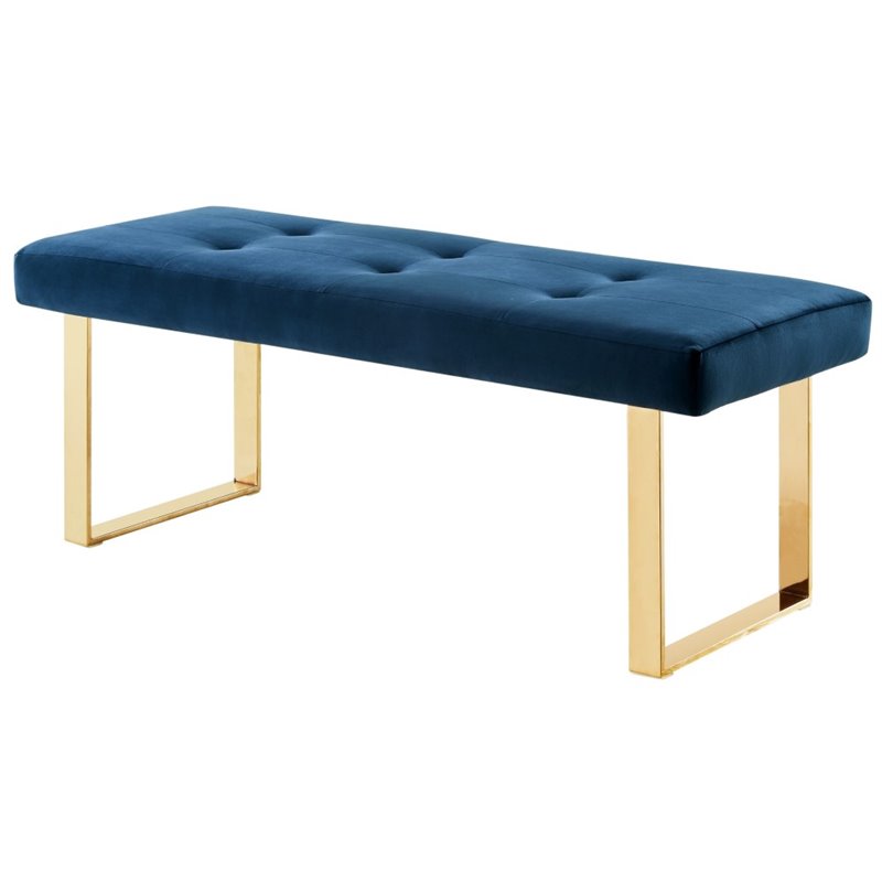 Maklaine Tufted Velvet Bench with Stainless Steel Legs in Blue/Gold