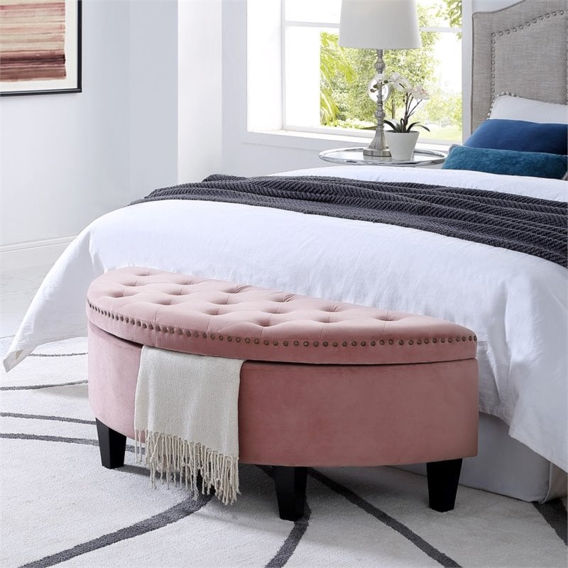Maklaine Velvet Upholstered Half Moon Storage Ottoman in Blush Pink