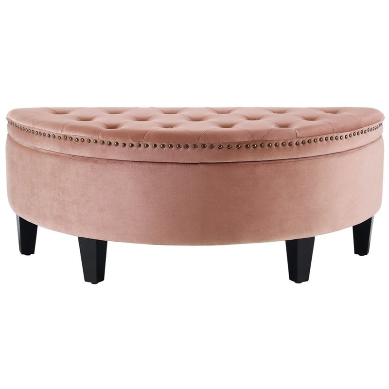 Maklaine Velvet Upholstered Half Moon Storage Ottoman in Blush Pink