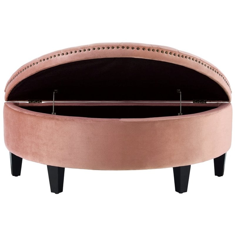 Maklaine Velvet Upholstered Half Moon Storage Ottoman in Blush Pink