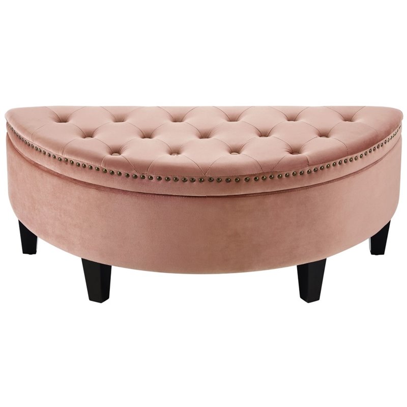 Maklaine Velvet Upholstered Half Moon Storage Ottoman in Blush Pink