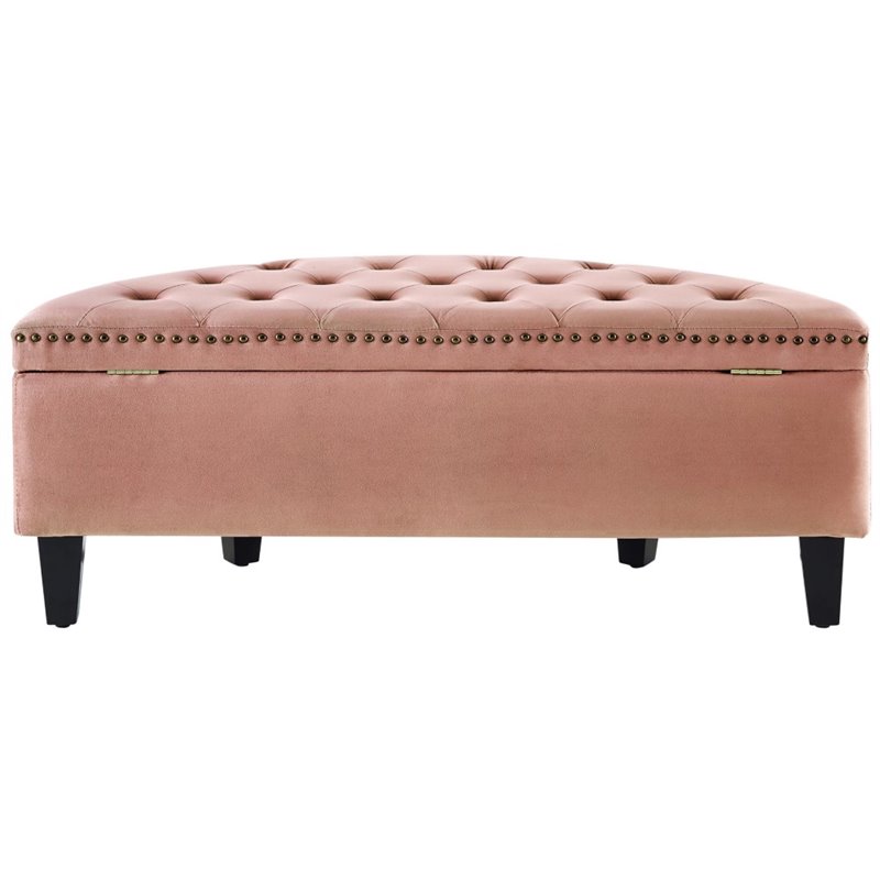 Maklaine Velvet Upholstered Half Moon Storage Ottoman in Blush Pink