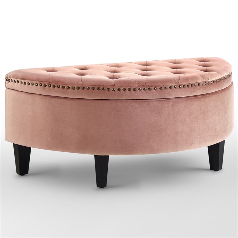 Maklaine Velvet Upholstered Half Moon Storage Ottoman in Blush Pink