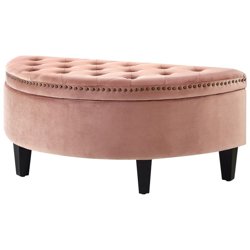 Maklaine Velvet Upholstered Half Moon Storage Ottoman in Blush Pink