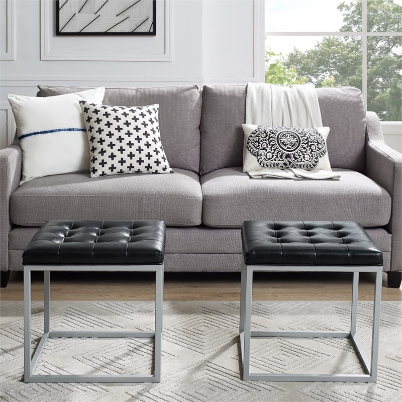 Maklaine Tufted Faux Leather Cube Ottoman with Metal Frame in Black