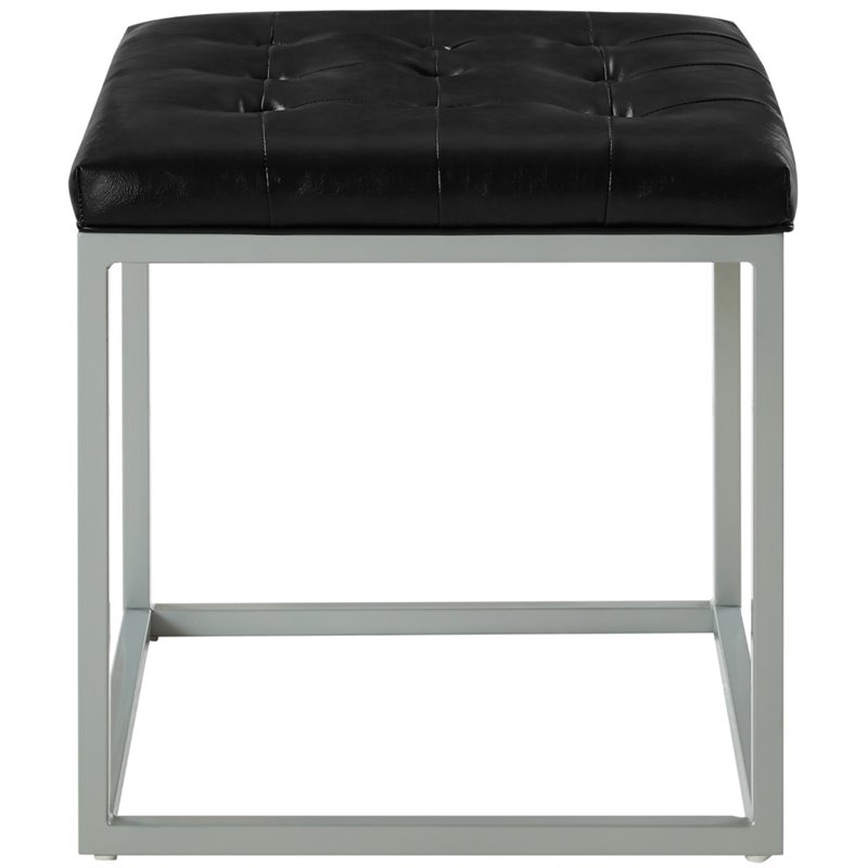 Maklaine Tufted Faux Leather Cube Ottoman with Metal Frame in Black
