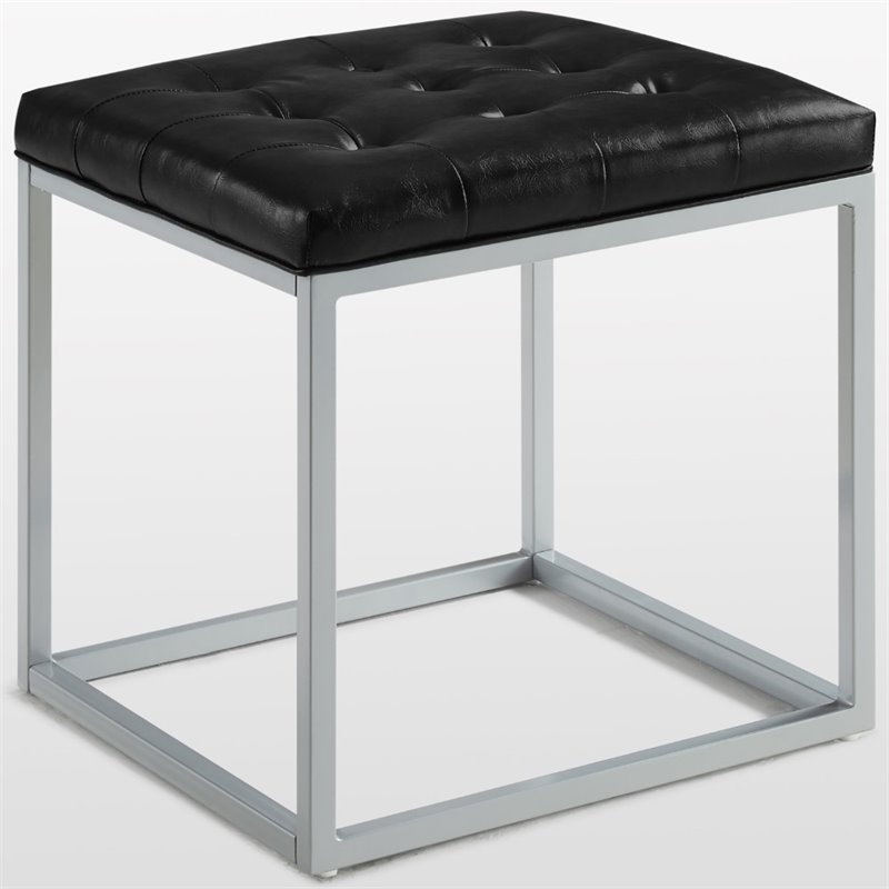 Maklaine Tufted Faux Leather Cube Ottoman with Metal Frame in Black