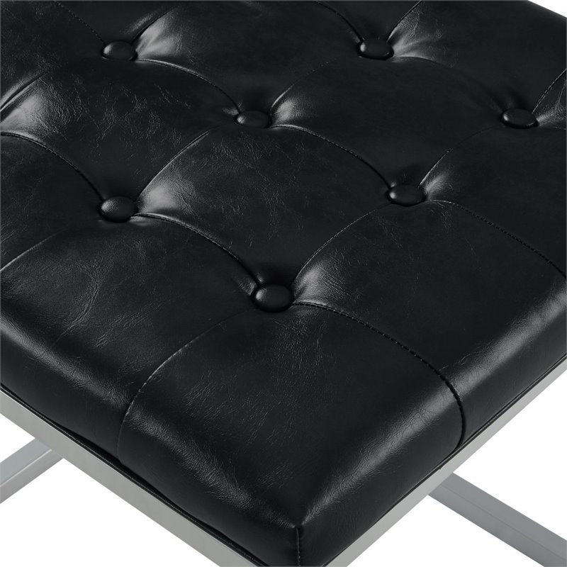 Maklaine Tufted Faux Leather Cube Ottoman with Metal Frame in Black