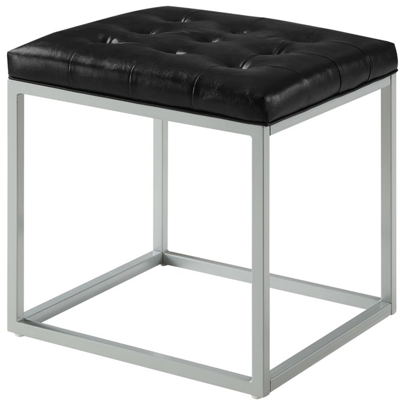 Maklaine Tufted Faux Leather Cube Ottoman with Metal Frame in Black
