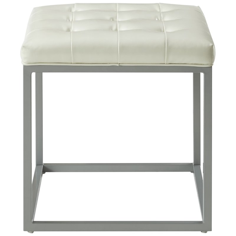 Maklaine Tufted Faux Leather Cube Ottoman with Metal Frame in White