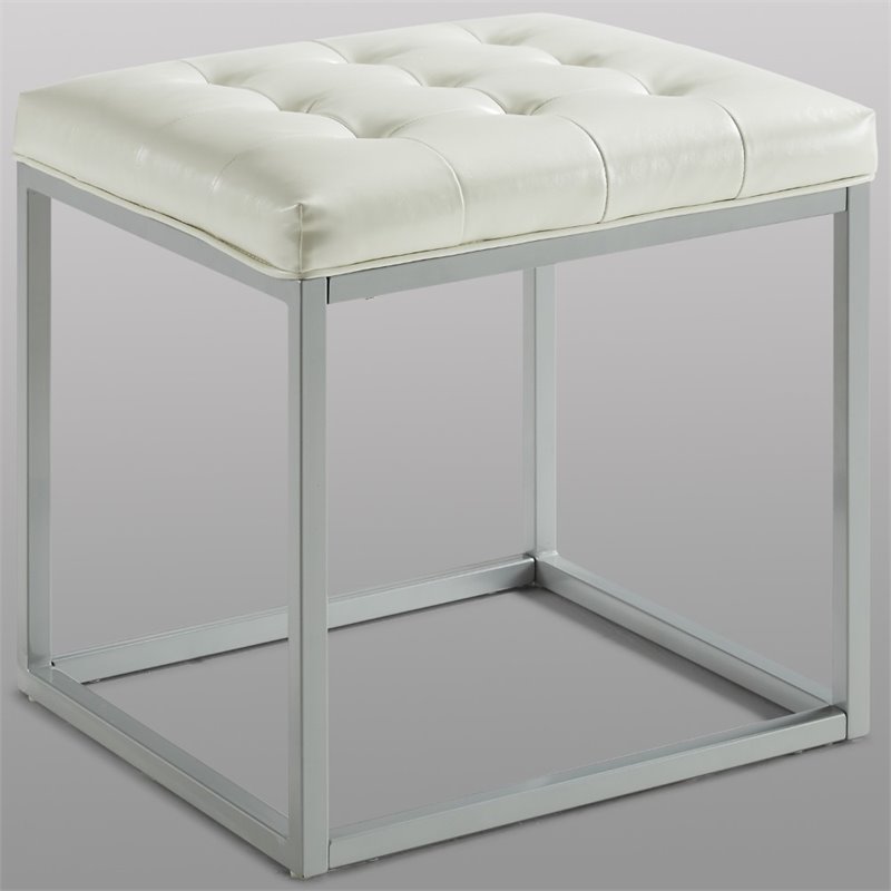 Maklaine Tufted Faux Leather Cube Ottoman with Metal Frame in White