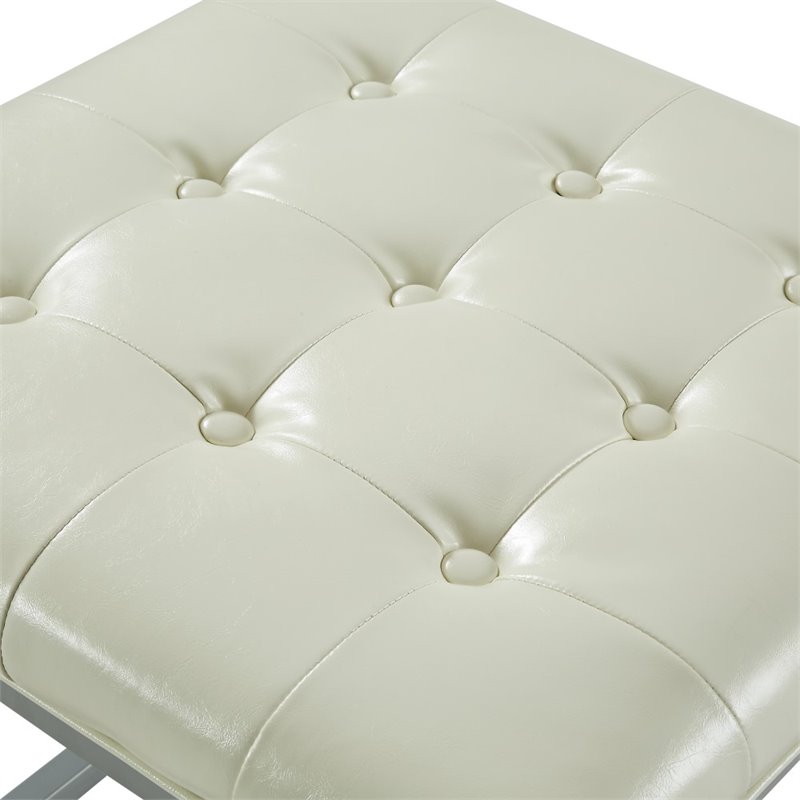Maklaine Tufted Faux Leather Cube Ottoman with Metal Frame in White