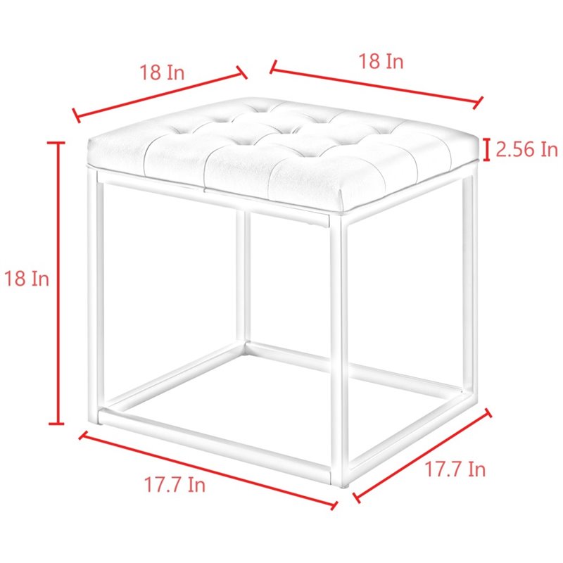 Maklaine Tufted Faux Leather Cube Ottoman with Metal Frame in White