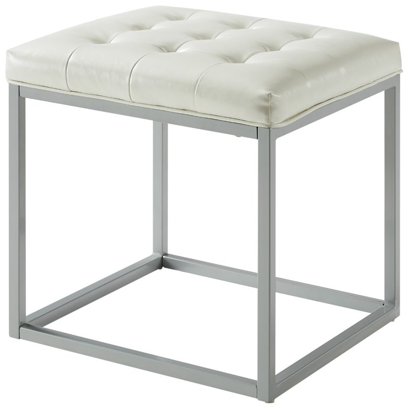 Maklaine Tufted Faux Leather Cube Ottoman with Metal Frame in White