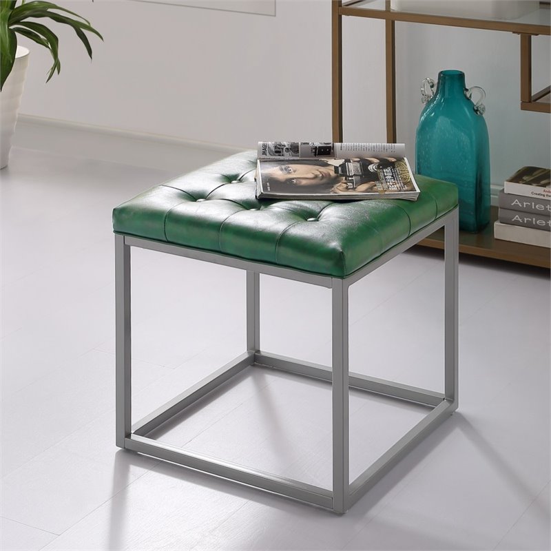Maklaine Tufted Faux Leather Cube Ottoman with Metal Frame in Green