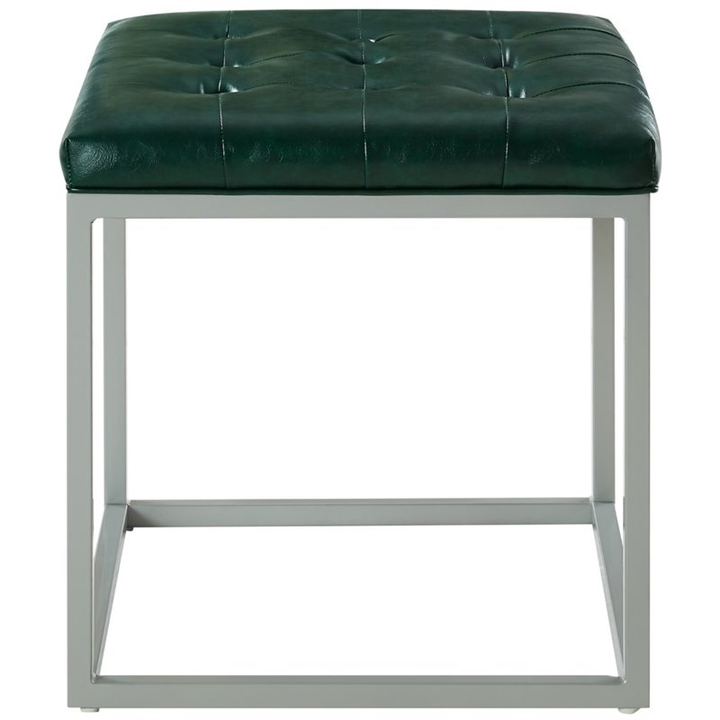 Maklaine Tufted Faux Leather Cube Ottoman with Metal Frame in Green